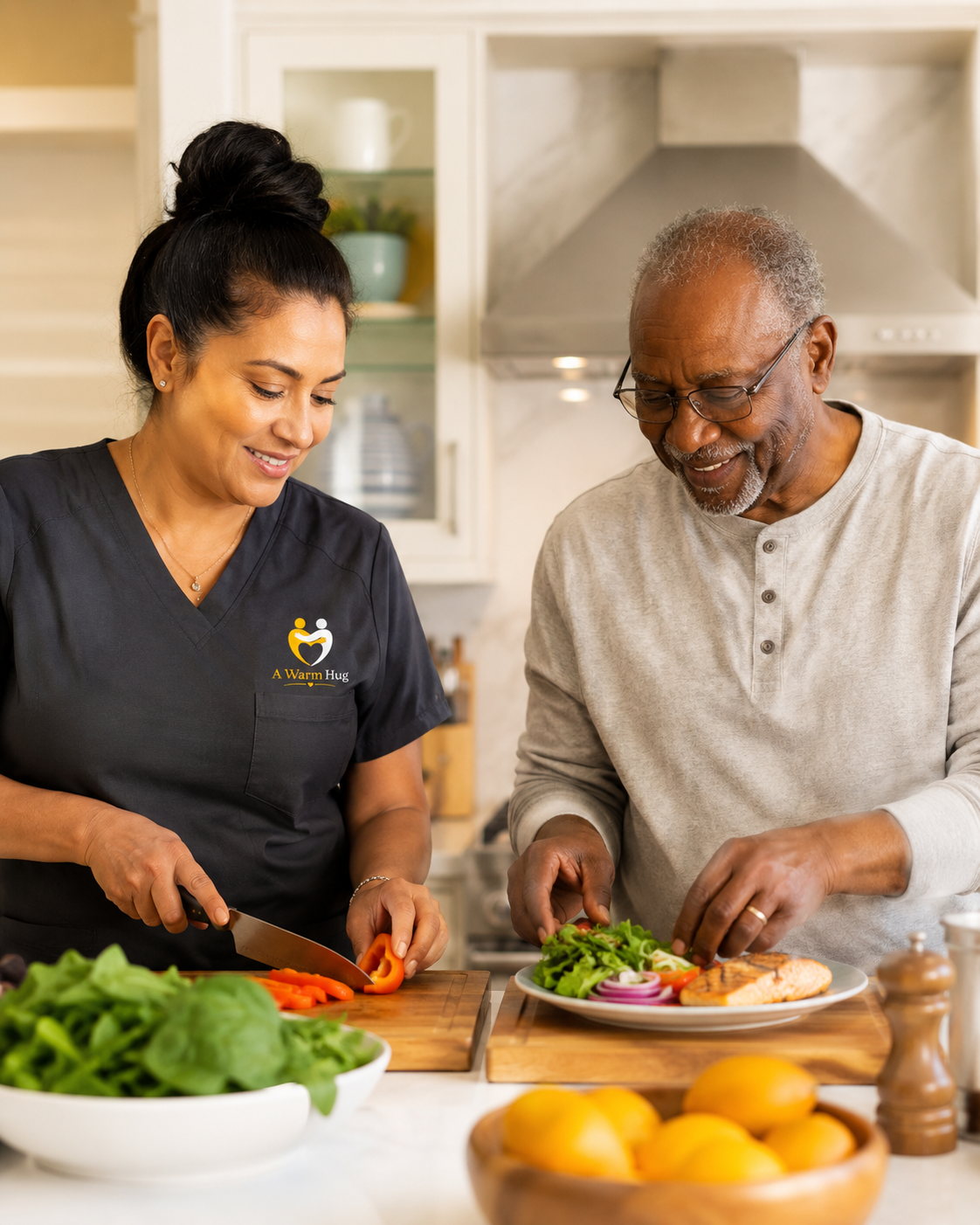 A caregiver sharing a genuine, warm moment with an elderly man at home