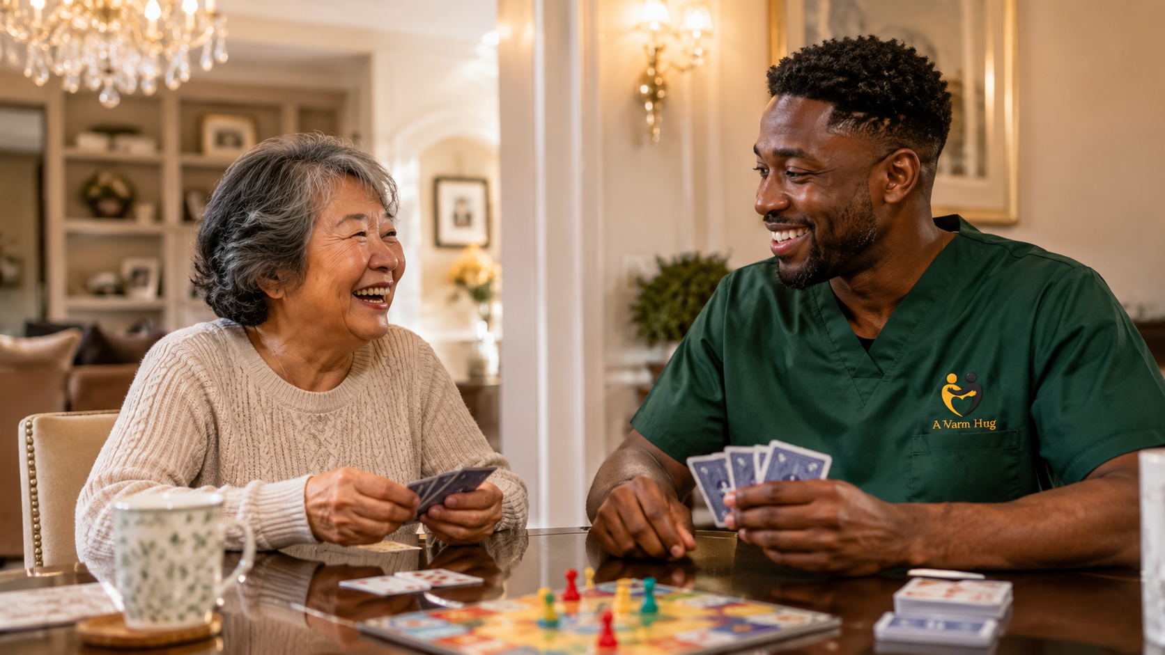 A caregiver providing warm evening companionship to an elderly person at home